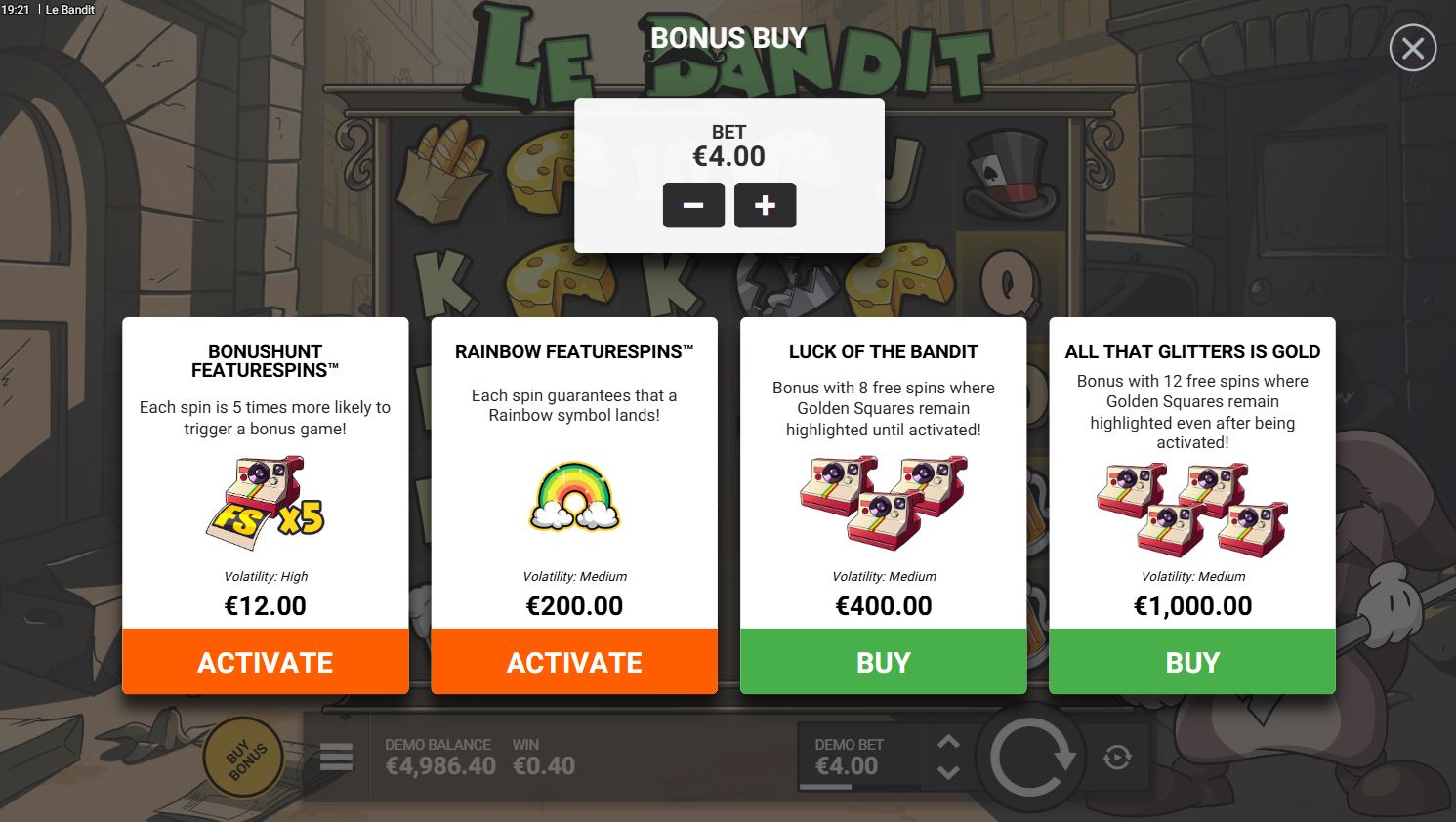 The Bonus Buy menu in the Le Bandit slot, showcasing options like BonusHunt FeatureSpins, Rainbow FeatureSpins, and two bonus rounds.